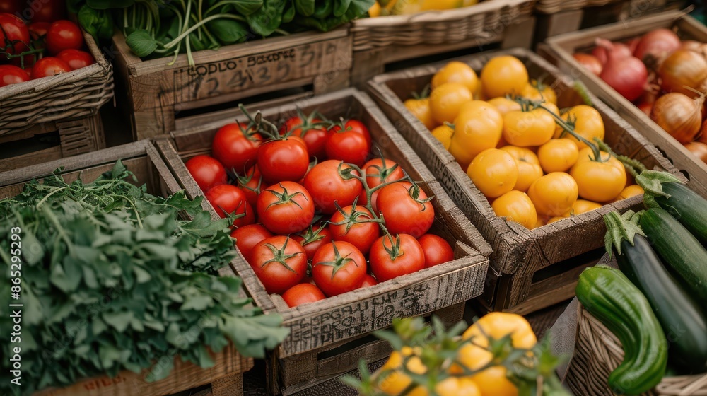 Rustic baskets of vegetables and fresh herbs arranged neatly at a farmers market Rustic baskets of vegetables and fresh herbs arranged neatly at a farmers market