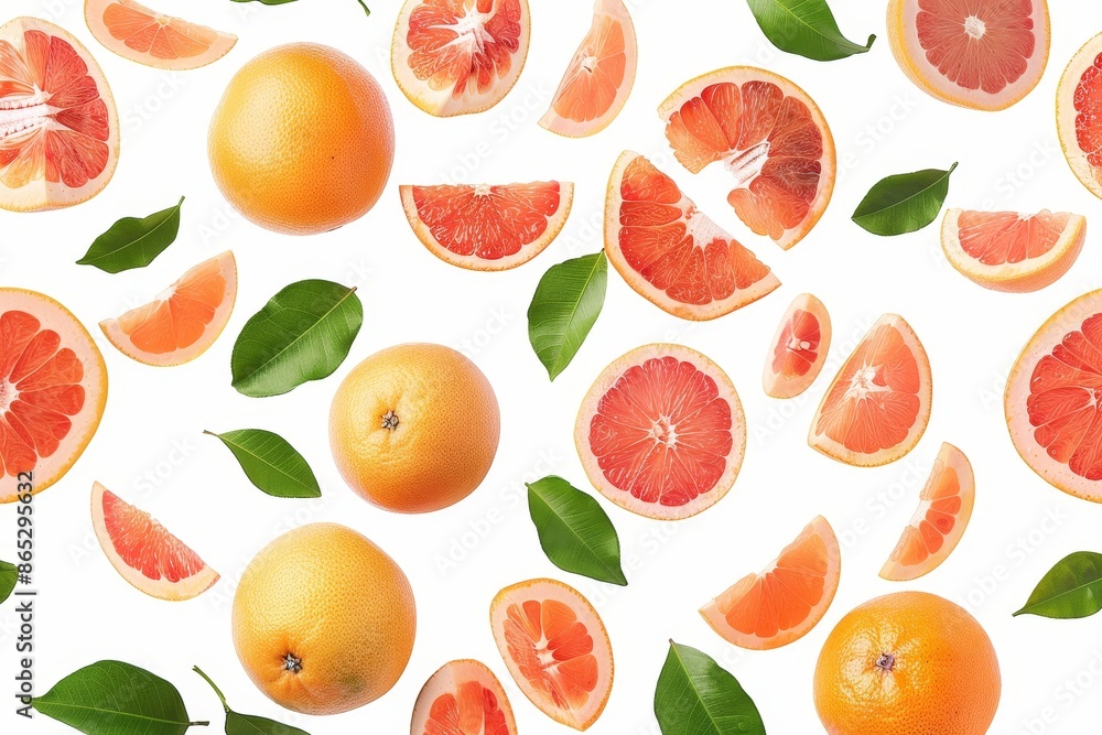 A red pomelo with half slices falling or floating in the air. Fresh organic fruit with high vitamins and minerals. A red pomelo with half slices falling or floating in the air. Fresh organic fruit with high vitamins and minerals.