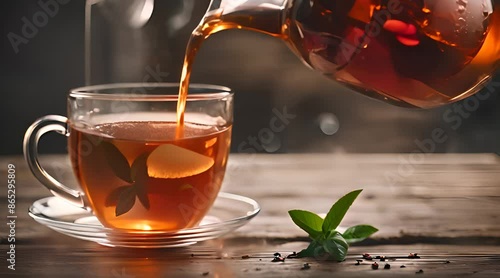Pouring Fresh Hot Aroma Black Tea into Glass Cup on Wooden Table