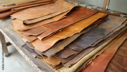 Colorful tanned leather on a craftsman s desk photo