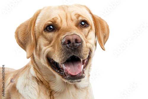 Dog Labrador retriever puppy that is looking at camera isolated on a clear png background, funny moment, cute dog, pet concept. © Mark