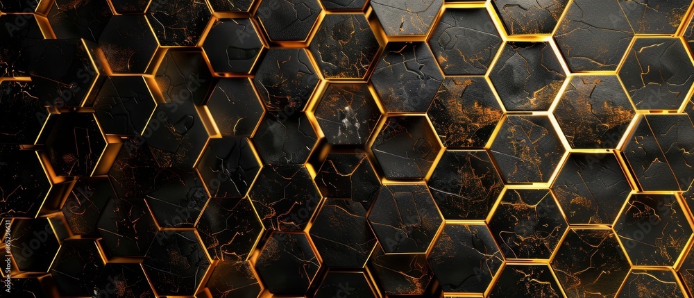 Abstract design with a hexagonal grid pattern in gold, seamlessly connected by bright lines on a matte black background Abstract design with a hexagonal grid pattern in gold, seamlessly connected by bright lines on a matte black background