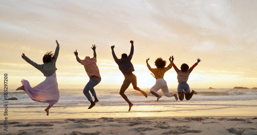 People, friends and jump on beach for freedom, outdoor adventure and group happiness on summer vacation. Carefree, back and youth energy with seaside fun, excited and sunset on holiday for weekend. People, friends and jump on beach for freedom, outdoor adventure and group happiness on summer vacation. Carefree, back and youth energy with seaside fun, excited and sunset on holiday for weekend.