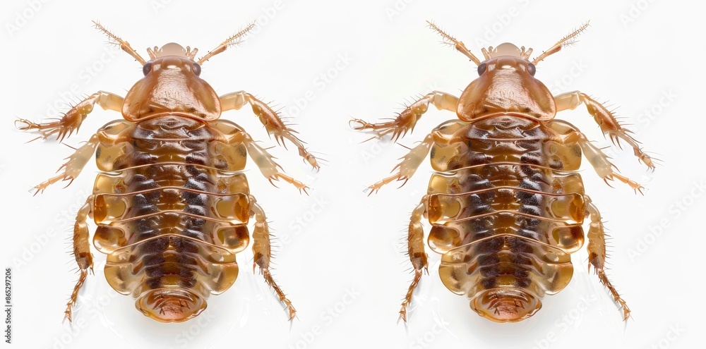 An isolated brown flea, a dangerous insect or parasite of pets, is shown close up against a white background. An isolated brown flea, a dangerous insect or parasite of pets, is shown close up against a white background.