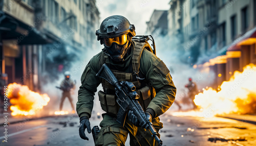 A soldier in army gear with a weapon runs through the streets of a big city with explosions, fire and smoke, where riots, rallies A soldier in army gear with a weapon runs through the streets of a big city with explosions, fire and smoke, where riots, rallies