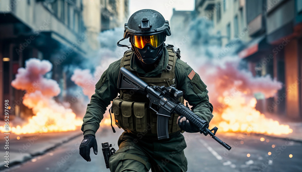 A soldier in army gear with a weapon runs through the streets of a big city with explosions, fire and smoke, where riots, rallies A soldier in army gear with a weapon runs through the streets of a big city with explosions, fire and smoke, where riots, rallies