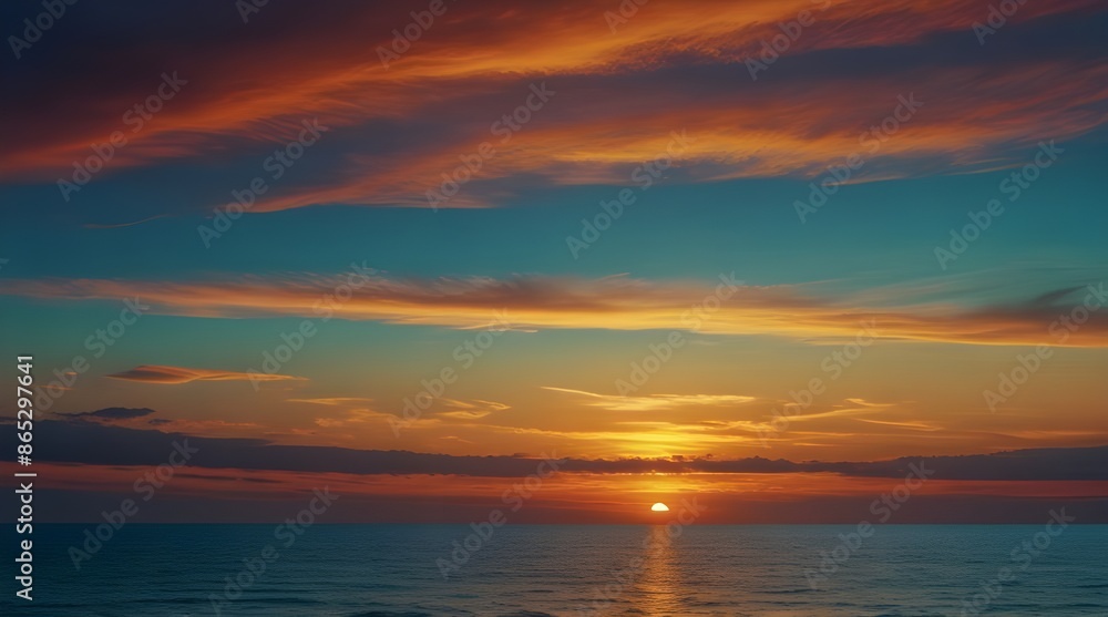 Teal blue with oranges and yellows above the ocean horizon.generative.ai Teal blue with oranges and yellows above the ocean horizon.generative.ai
