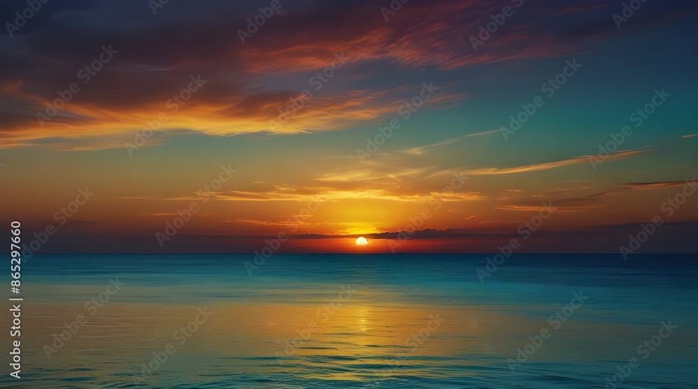Obraz premium Teal blue with oranges and yellows above the ocean horizon.generative.ai