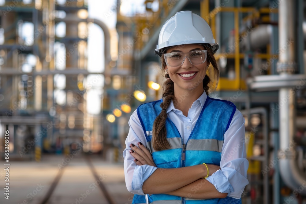 Confident female engineer inspecting an oil refinery, wearing a blue vest Confident female engineer inspecting an oil refinery, wearing a blue vest