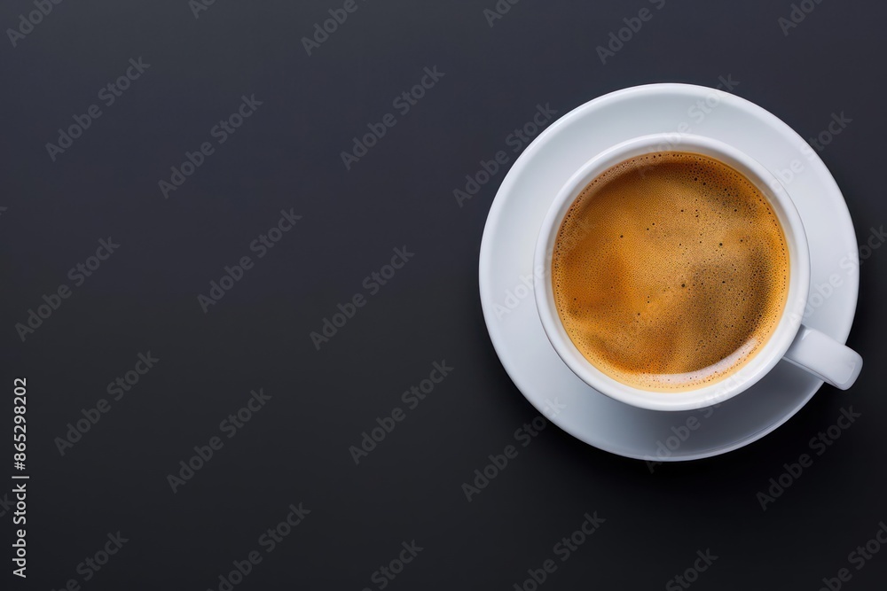 Naklejka premium A drink stylist s perfectly brewed cup of coffee, elegantly presented with a frothy top, perfect for a banner with ample copy space
