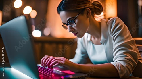 Young Woman Working on Laptop at Minimalist Office Space