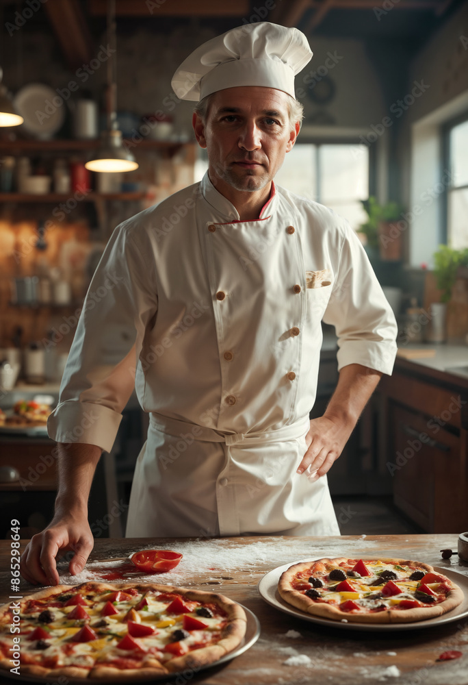 Italian male pizza chef in chef's clothes and apron in the kitchen preparing pizza Italian male pizza chef in chef's clothes and apron in the kitchen preparing pizza