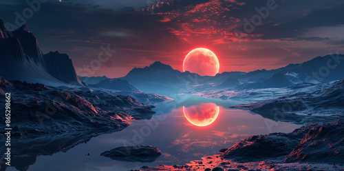 Fototapeta Naklejka Na Ścianę i Meble -  Alien planet landscape with a huge moon, red glowing sky and dark rocky mountains