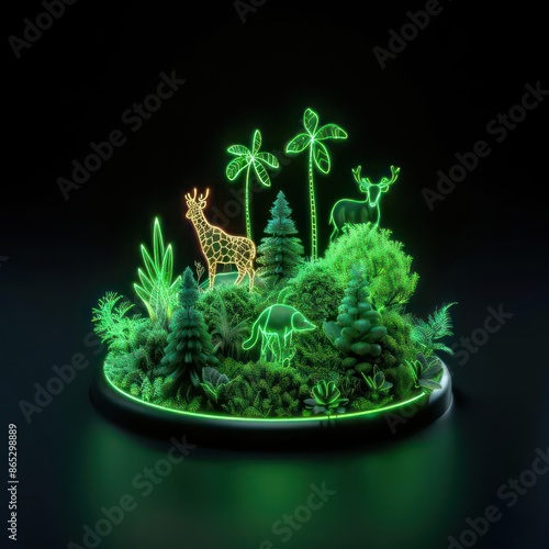 A futuristic depiction of a virtual forest with holographic animals and neon lights, isolated with room for text on a clean backdrop photo