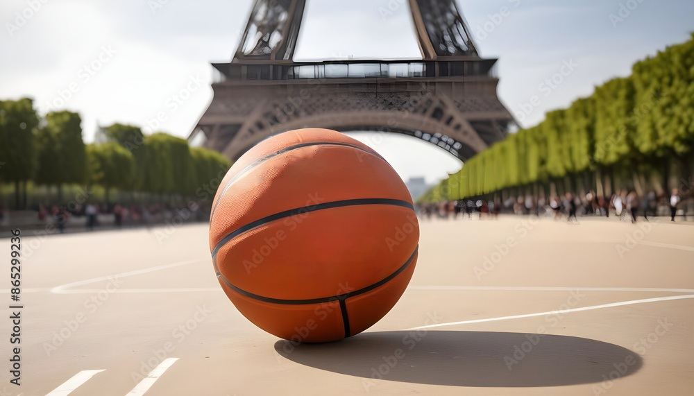 A basketball sits on a paved surface in front of the Eiffel Tower. The tower is blurred out in the background, while people walk around in the distance A basketball sits on a paved surface in front of the Eiffel Tower. The tower is blurred out in the background, while people walk around in the distance