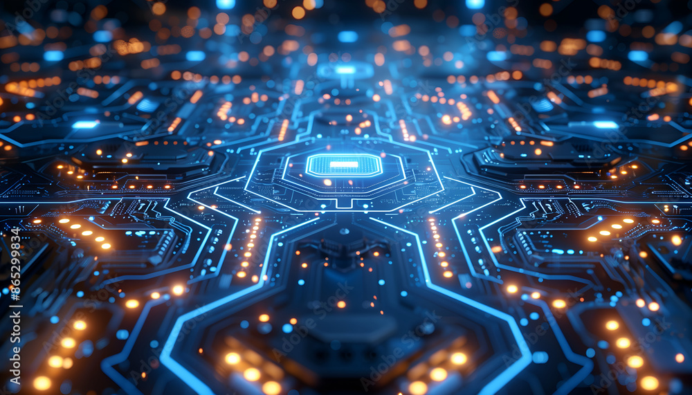Obraz premium Futuristic Circuit Board with Glowing LED Lights in a High-Tech Pattern