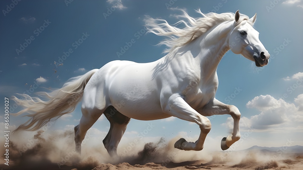 A wild white horse leaps in a dynamic motion while leaving trailing lines, combining matte painting and digital 3D illustration. A wild white horse leaps in a dynamic motion while leaving trailing lines, combining matte painting and digital 3D illustration.