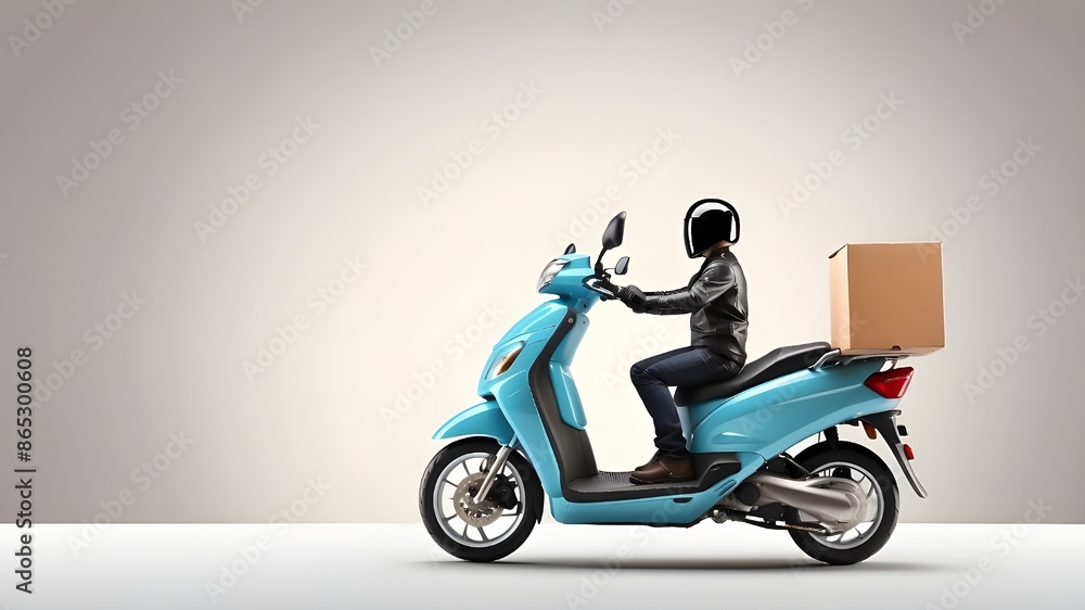 Wide frame with copyspace area, delivery motorbike or scooter driver with courier box on rear Wide frame with copyspace area, delivery motorbike or scooter driver with courier box on rear