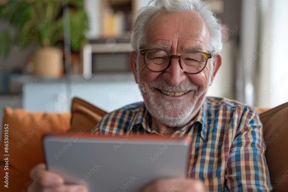 Elderly man happily using digital tablet at home. Connectivity and retirement Elderly man happily using digital tablet at home. Connectivity and retirement