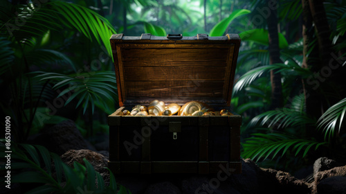 A wooden chest with gold coins inside is shown in a jungle setting