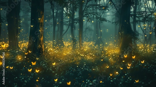 Mystical butterflies flutter through an enchanted forest, their wings glowing softly in the moonlight. © Creative