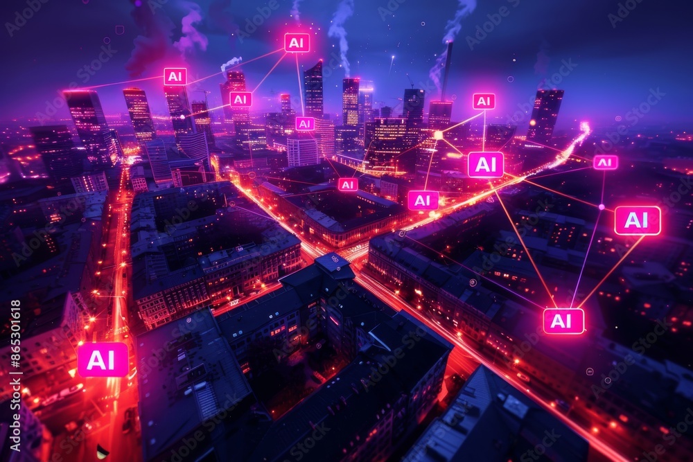 AI driven smart city with neon lights, showcasing technological innovation and digital transformation in urban environments AI driven smart city with neon lights, showcasing technological innovation and digital transformation in urban environments