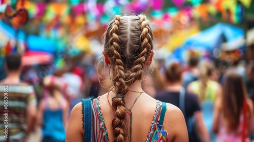 A young woman with long brown hair braided and decorated with colorful beads and ribbons. She is wearing a colorful dress and is standing in a crowd of people. © akaradech