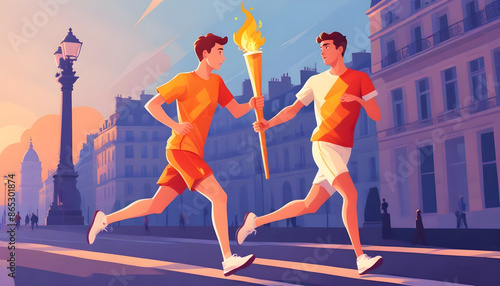 Two runners pass a Olympic  torch to one another while running down a cobblestone street in Paris 2024