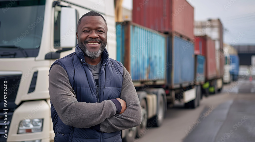 A truck driver stands beside his truck, transporting large containers. A truck driver stands beside his truck, transporting large containers.
