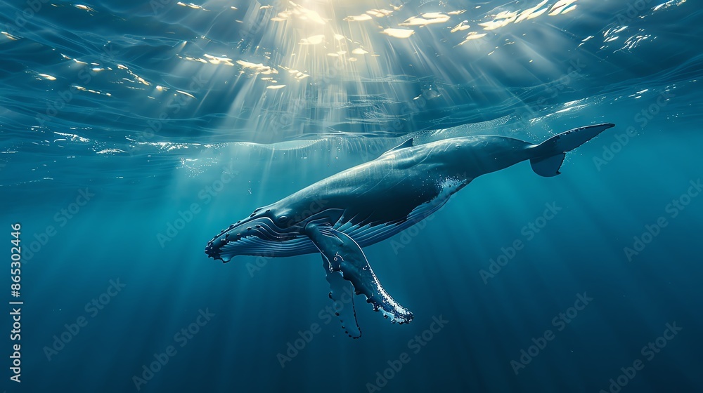 Fototapeta premium A majestic humpback whale glides gracefully through the deep blue ocean, its enormous body shimmering in the sunlight.