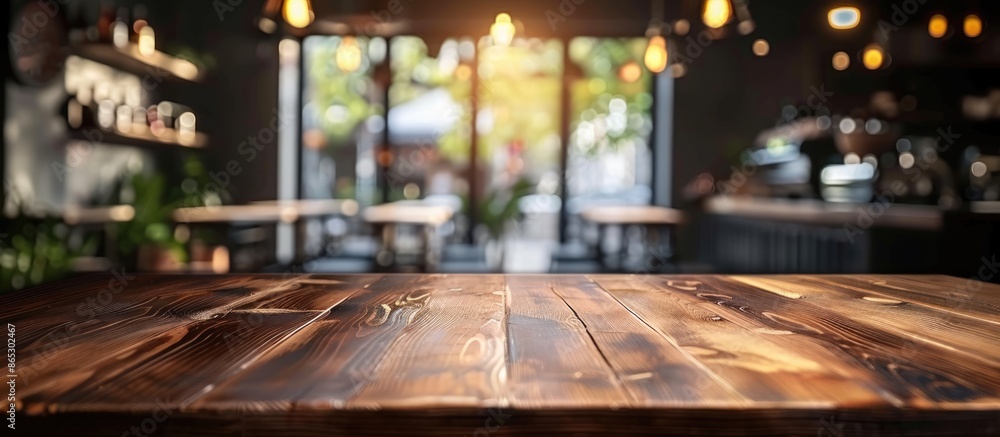 Empty brown wooden table with blurred Coffee shop or restaurant background for photomontage or product display Empty brown wooden table with blurred Coffee shop or restaurant background for photomontage or product display