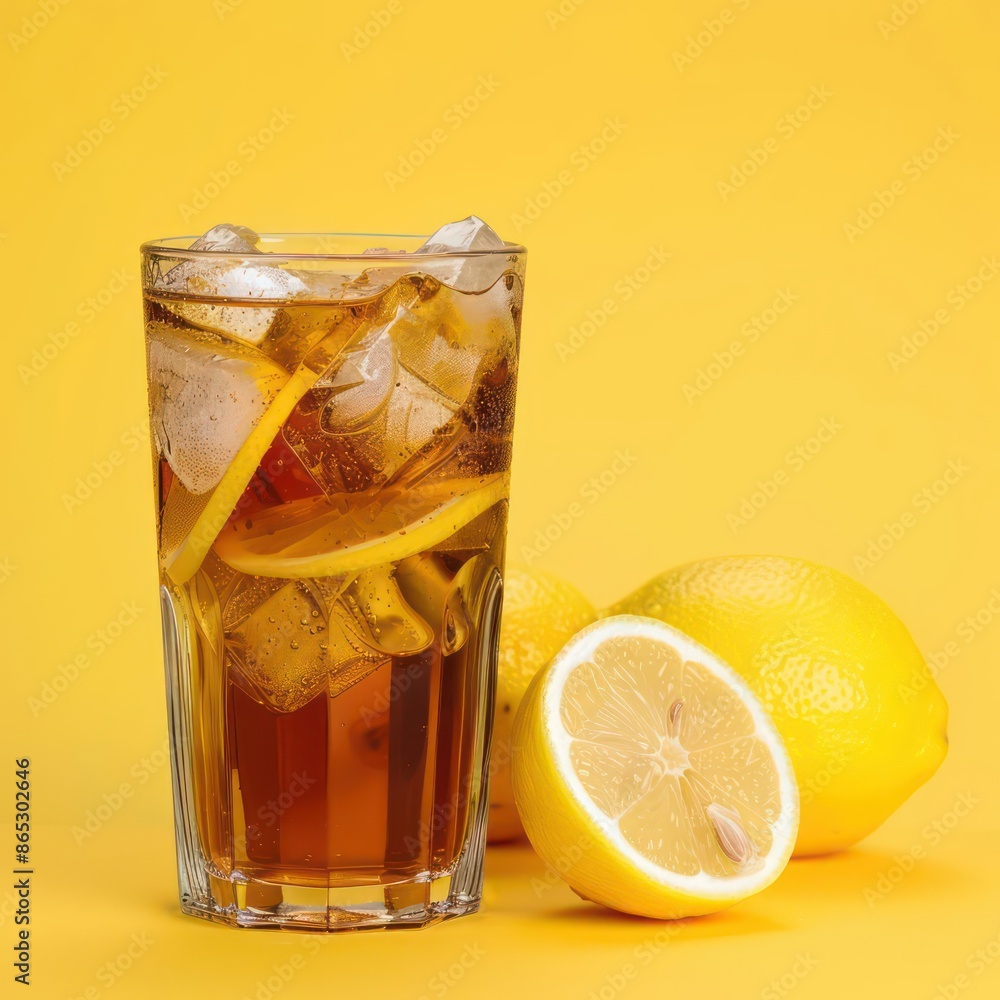 A refreshing glass of iced tea with lemon slices, perfectly styled, ideal for a summer banner with ample copy space A refreshing glass of iced tea with lemon slices, perfectly styled, ideal for a summer banner with ample copy space