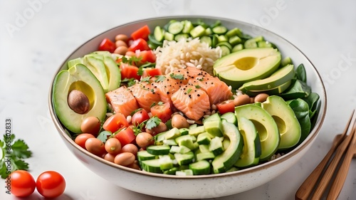 salmon, avocado, cucumber, tomato, beans, and rice in a nutritious poke bowl salad on a white background.
