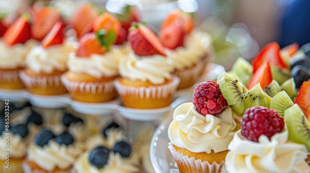 Variety of cupcake with fruit and whipped cream topping at a party Image representing food and drink concept Variety of cupcake with fruit and whipped cream topping at a party Image representing food and drink concept