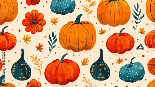 A seamless pattern with pumpkins, gourds, and leaves in a fall color palette.