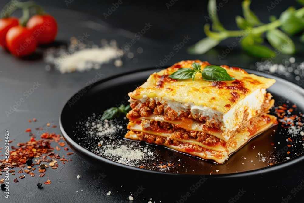 A slice of lasagna with layers of cheese and sauce, styled elegantly for a culinary banner with room for text A slice of lasagna with layers of cheese and sauce, styled elegantly for a culinary banner with room for text