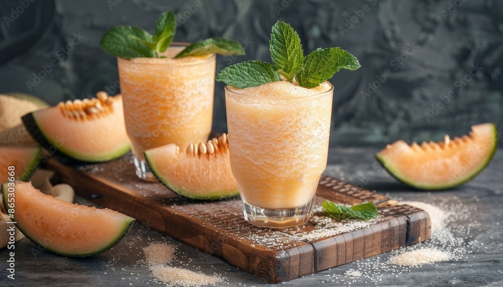 Melon smoothie glasses on wooden board against grey backdrop Melon smoothie glasses on wooden board against grey backdrop
