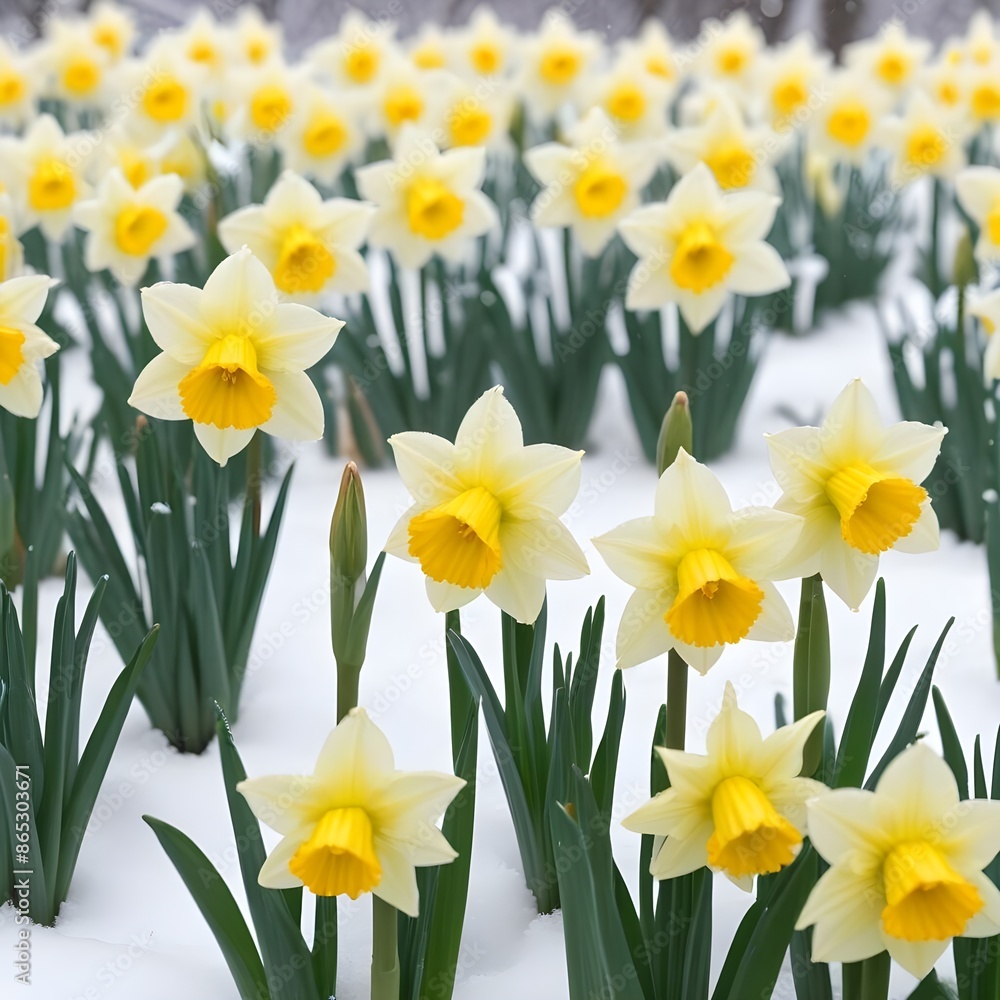 Yellow daffodil flowers blooming in the snow, with green leaves and stems against a white background Yellow daffodil flowers blooming in the snow, with green leaves and stems against a white background