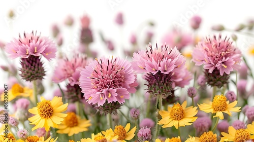 Beautiful Thistle Flower with Yellow Field Flowers Isolated on White Background for Floral Artwork 