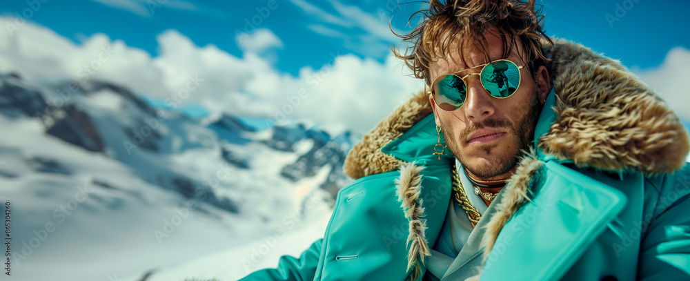 Obraz premium A man wearing a bright turquoise coat with a fur collar and mirrored sunglasses stands against a backdrop of snow-capped mountains