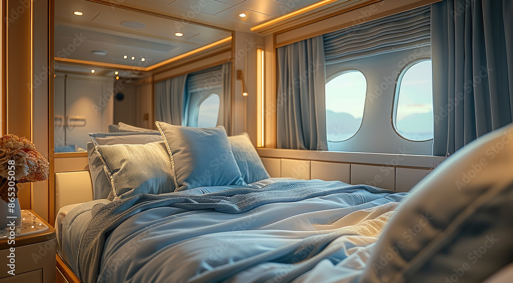 A luxurious small ship's cabin for cruise. The room with a cozy double bed with blue bedding and pillows. Generative AI. A luxurious small ship's cabin for cruise. The room with a cozy double bed with blue bedding and pillows. Generative AI.