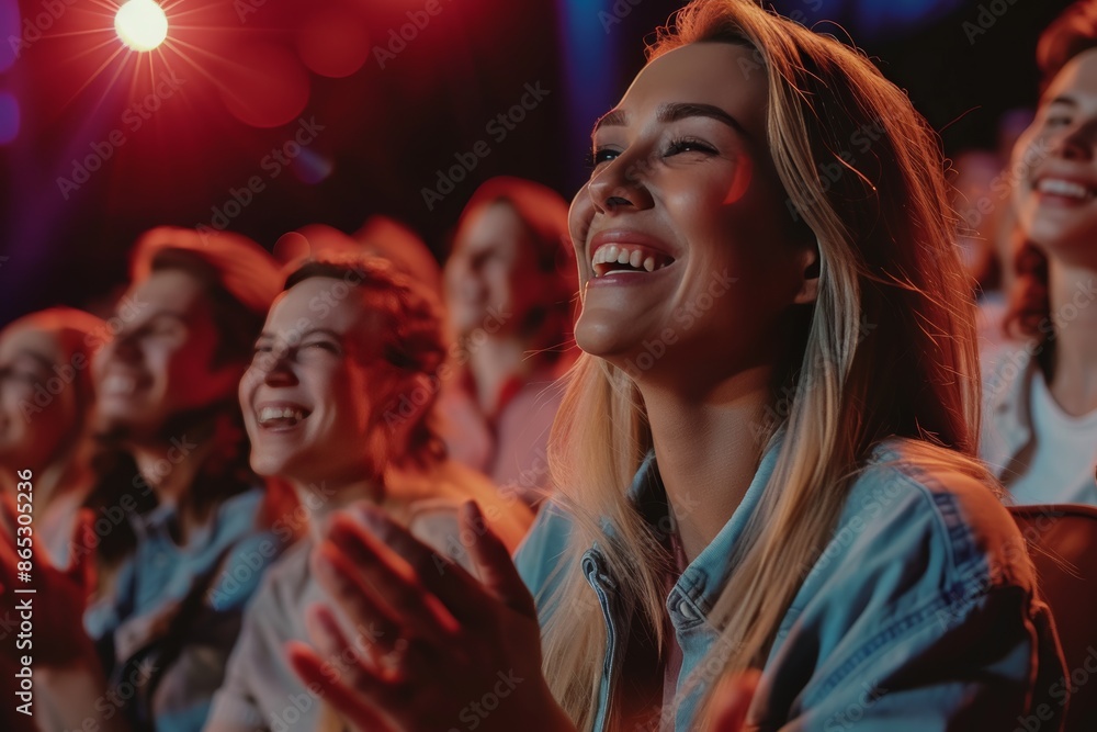 Crowd laughing and applauding, illustrating event enjoyment. Crowd laughing and applauding, illustrating event enjoyment.