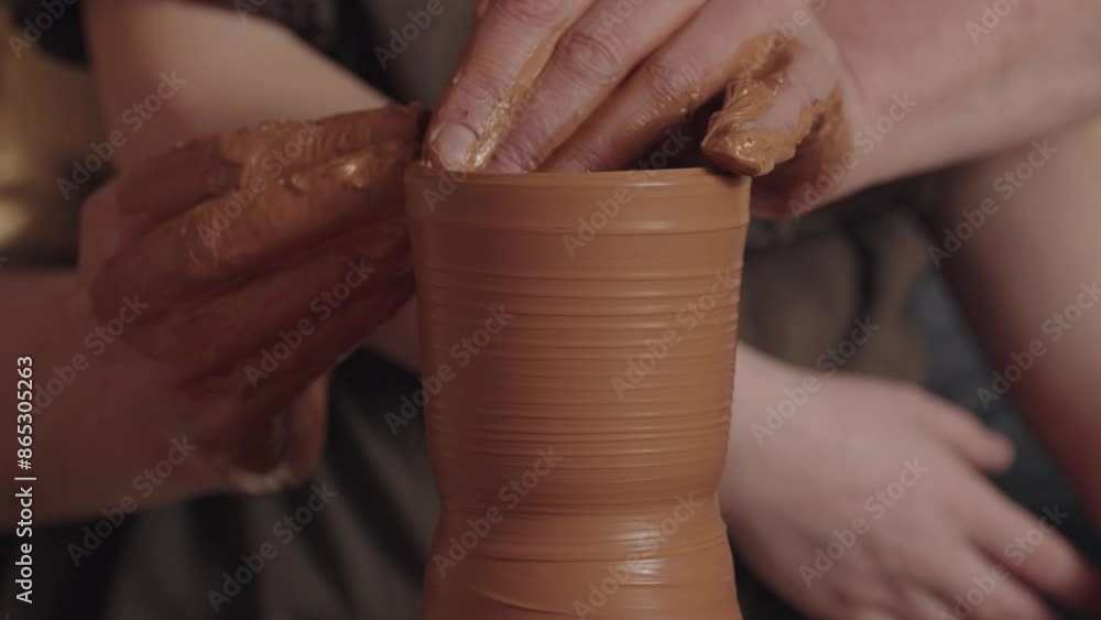 The hands of man potter support a spinning jug and daub it with a layer of clay. A child in the back background observes the process of completing the craft of handmade earthenware. Family hobby The hands of man potter support a spinning jug and daub it with a layer of clay. A child in the back background observes the process of completing the craft of handmade earthenware. Family hobby