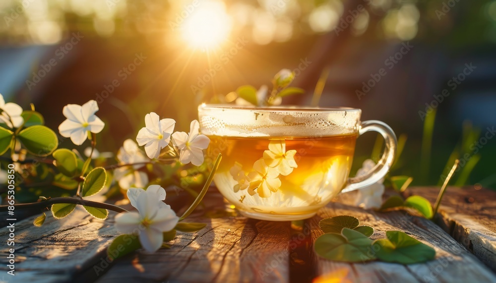 Jasmine tea in a glass cup adorned with jasmine flowers on a sunlit wooden table Jasmine tea in a glass cup adorned with jasmine flowers on a sunlit wooden table
