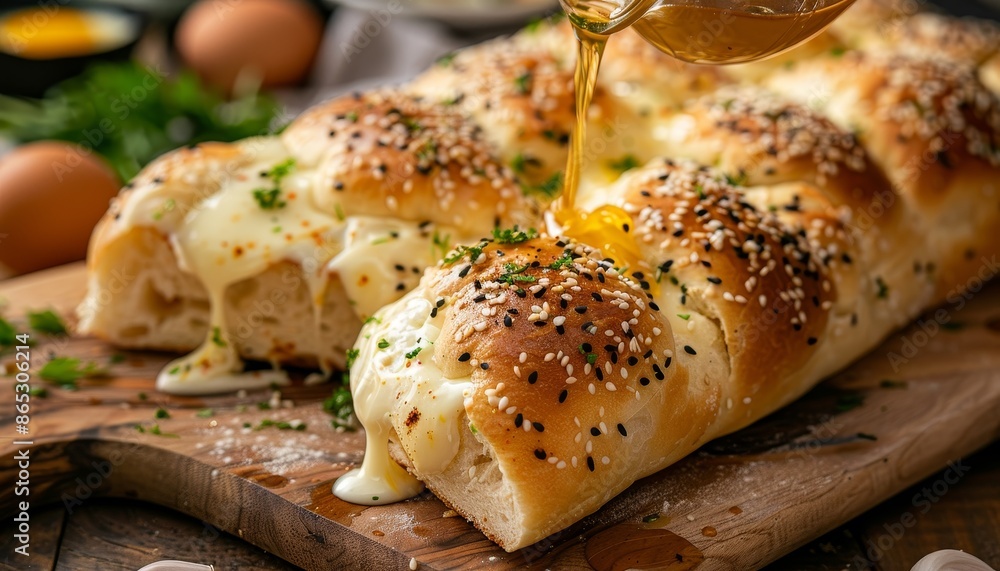 Korean cream cheese garlic bread with selective focus displayed on a wooden background The bread is filled with cream cheese and topped with garlic sauce eggs Korean cream cheese garlic bread with selective focus displayed on a wooden background The bread is filled with cream cheese and topped with garlic sauce eggs