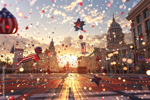 A digital mosaic of patriotic symbols forming a mosaic in a city square during a Fourth of July celebration photo