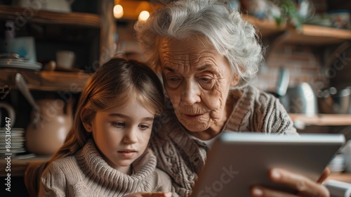 An elderly woman in the kitchen uses a tablet with her granddaughter. Generative AI. © visoot