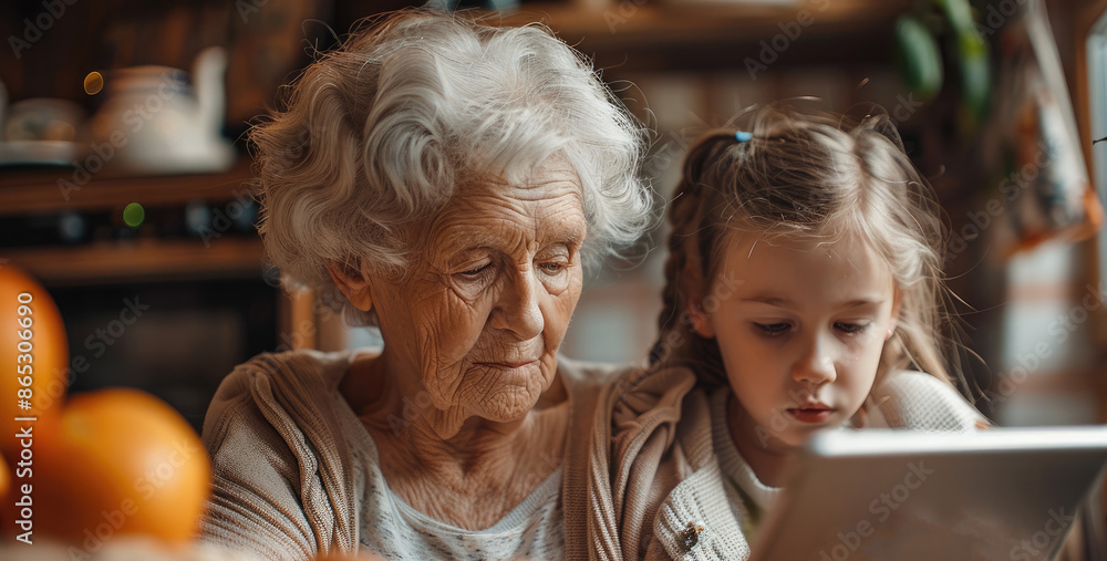 An elderly woman in the kitchen uses a tablet with her granddaughter. Generative AI. An elderly woman in the kitchen uses a tablet with her granddaughter. Generative AI.