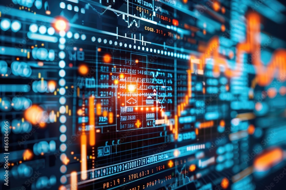 Abstract image of digital data on a screen, depicting financial charts, big data analytics, and information technology trends. Abstract image of digital data on a screen, depicting financial charts, big data analytics, and information technology trends.