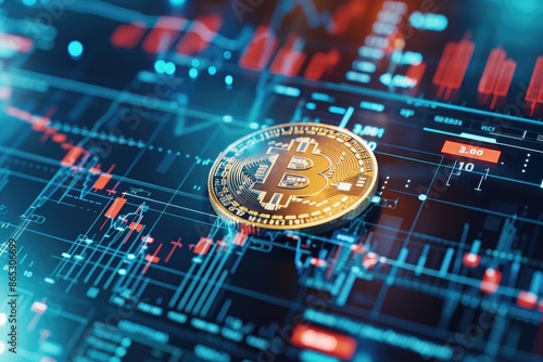 Bitcoin token on a digital financial chart, representing cryptocurrency trading and blockchain technology in the financial market.